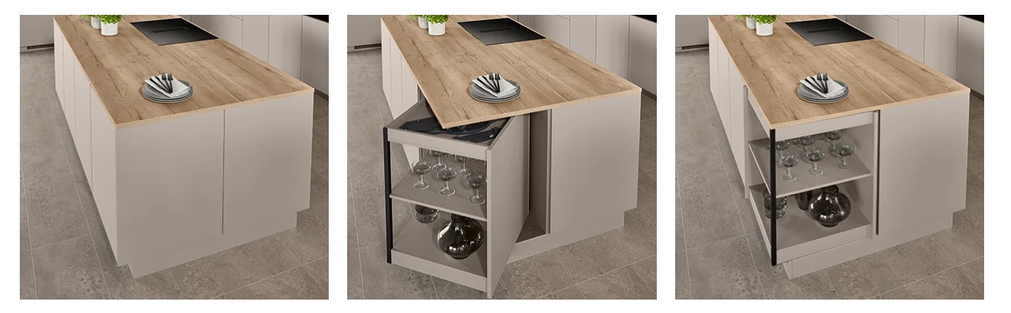 Modern kitchen island featuring a hidden pull-out storage unit with integrated shelving and glass storage, demonstrating a space-saving kitchen organisation solution by 21 Kitchens.