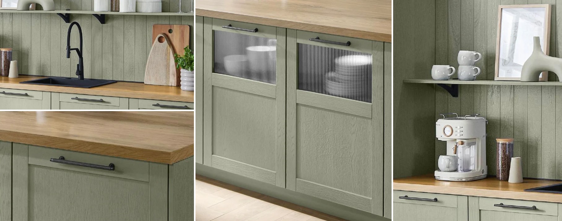 Olive green kitchen cabinets with textured splashback and oak worktop by 21 Kitchens in Troon.