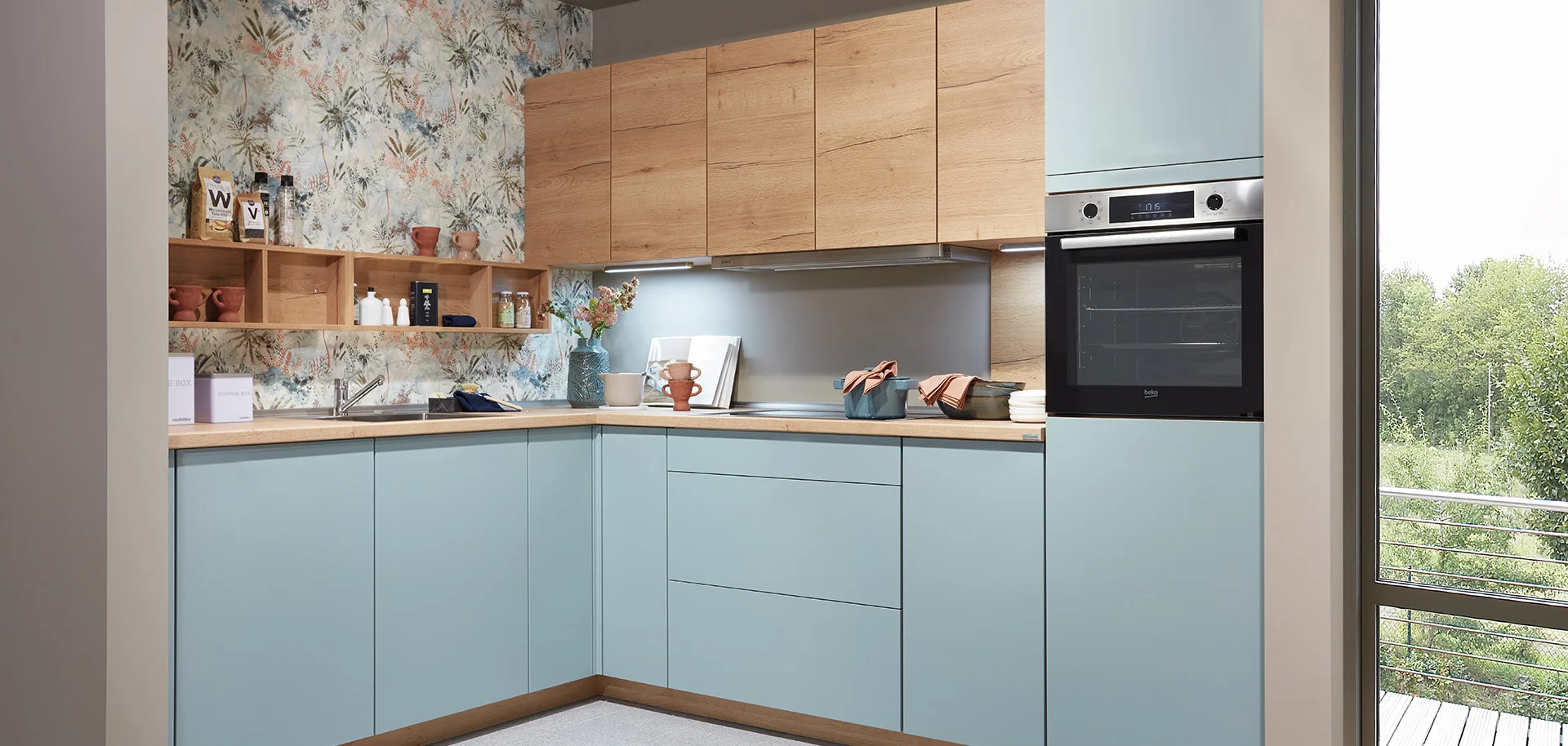 Aqua blue kitchen with oak wall units designed by 21 Kitchens Ayrshire