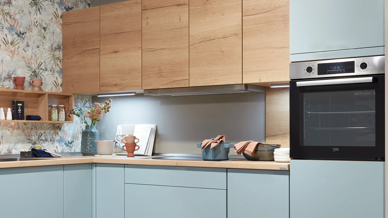 German kitchen in aqua and oak colours supplied by 21 Kitchens Ayrshire
