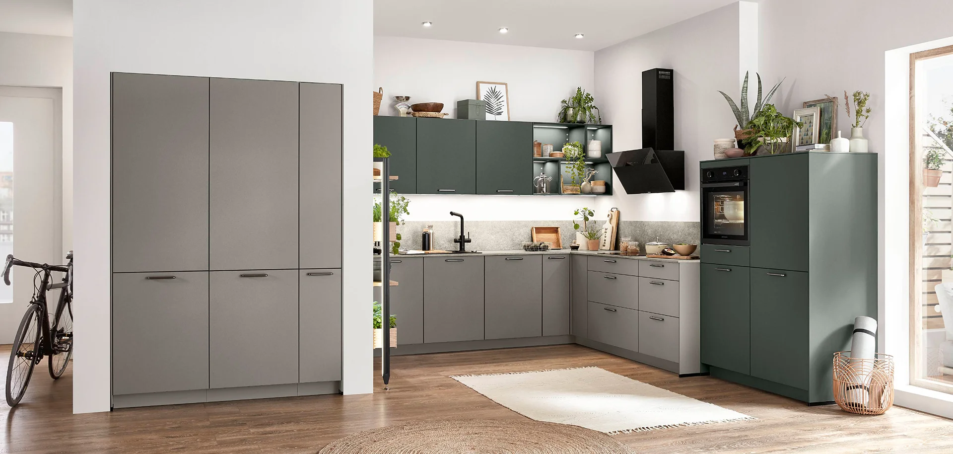 Modern mineral green and taupe grey kitchen design by 21 Kitchens Ayrshire