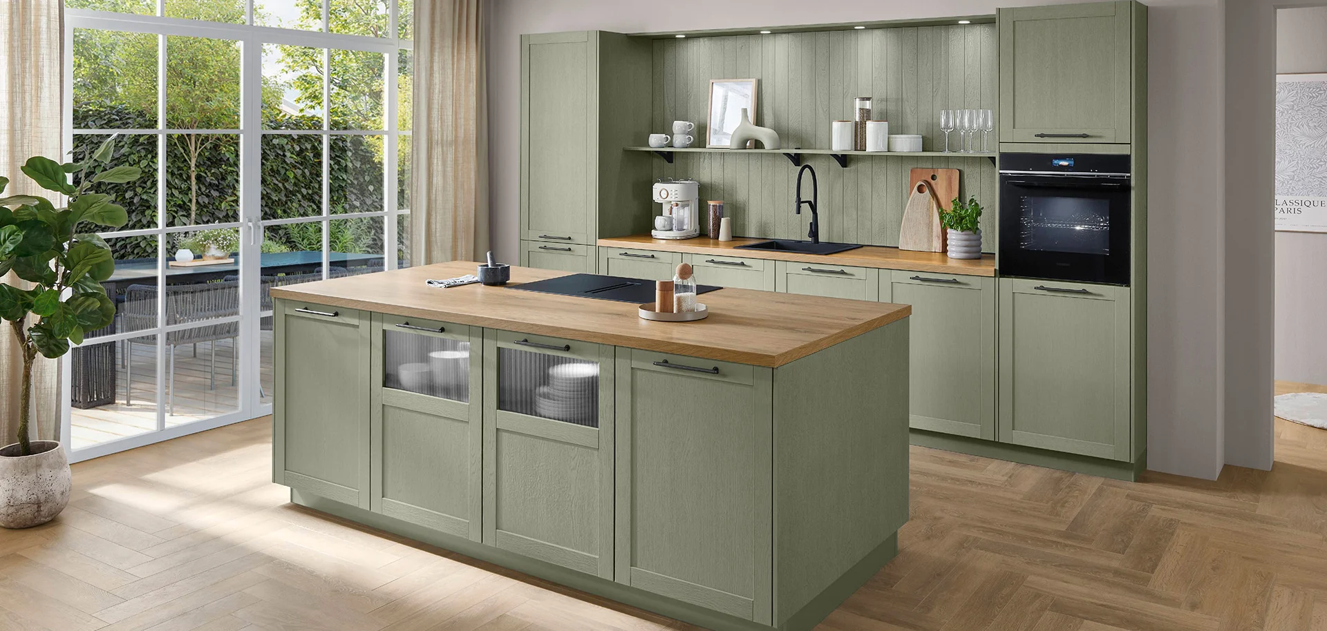 Modern olive green kitchen with island and country-inspired design by 21 Kitchens Ayrshire