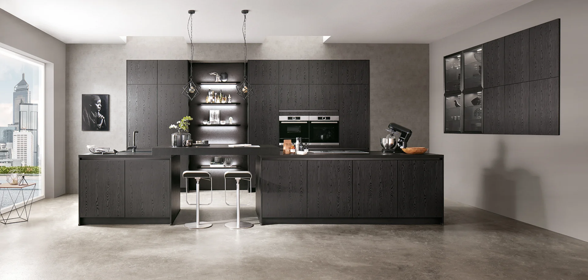 Modern Nero oak kitchen with island designed by 21 Kitchens Ayrshire