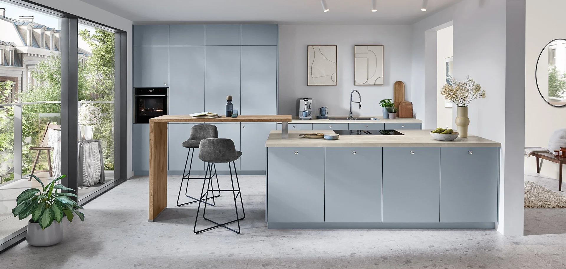 Sky blue kitchen with island and breakfast bar by 21 Kitchens Ayrshire